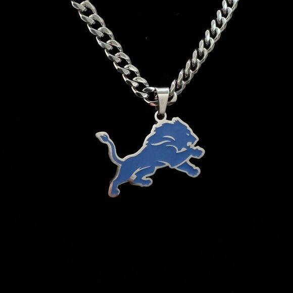 Detroit Lions Necklace - Blue 22 Inches Chain - 5mm Cuban - Lion Fans Football - Picture 2 of 2
